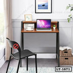 Modern home office study table with laptop, black chair, and minimalist decor