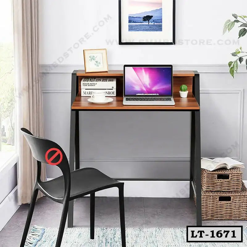 Modern home office study table with laptop, black chair, and minimalist decor