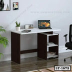 Modern home office desk with laptop, shelving, chair, and decorative plant