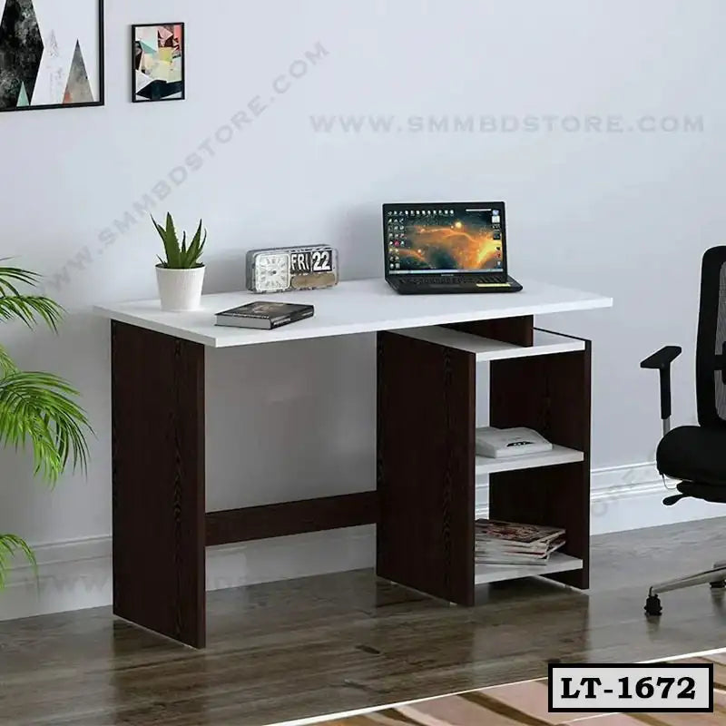 Modern home office desk with laptop, shelving, chair, and decorative plant