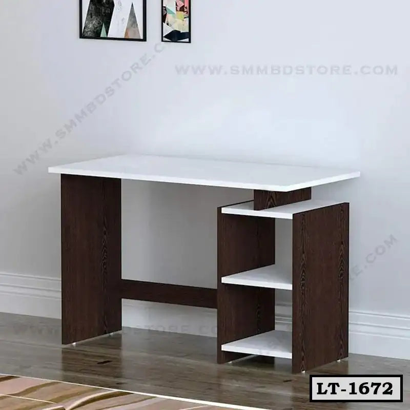 Modern wooden laptop table with white top and side shelves, ideal for home office use.