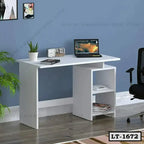 Modern white office desk with shelves, laptop, decor, and chair in a home workspace