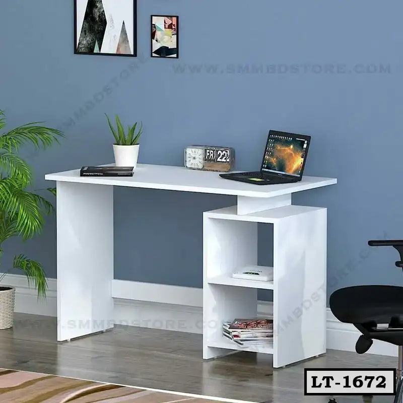 Modern white office desk with shelves, laptop, plant, and books in a home workspace Main image
