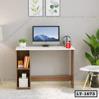 Modern wooden laptop table with open shelves, desktop setup, books, and decor in a home office.