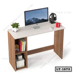 Modern wooden laptop table with shelves, computer, books, and office accessories.
