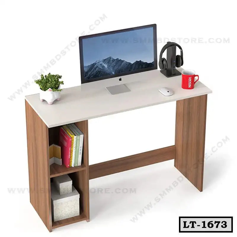 Modern wooden laptop table with shelves, computer, books, and office accessories.