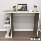 Modern office desk with laptop, coffee cup, books, and plant on wooden floor