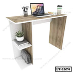Modern wooden laptop table with open side shelves, laptop, plant, and office accessories