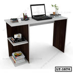 Modern laptop table with storage shelves, books, laptop, and desk accessories, suitable for home office use.