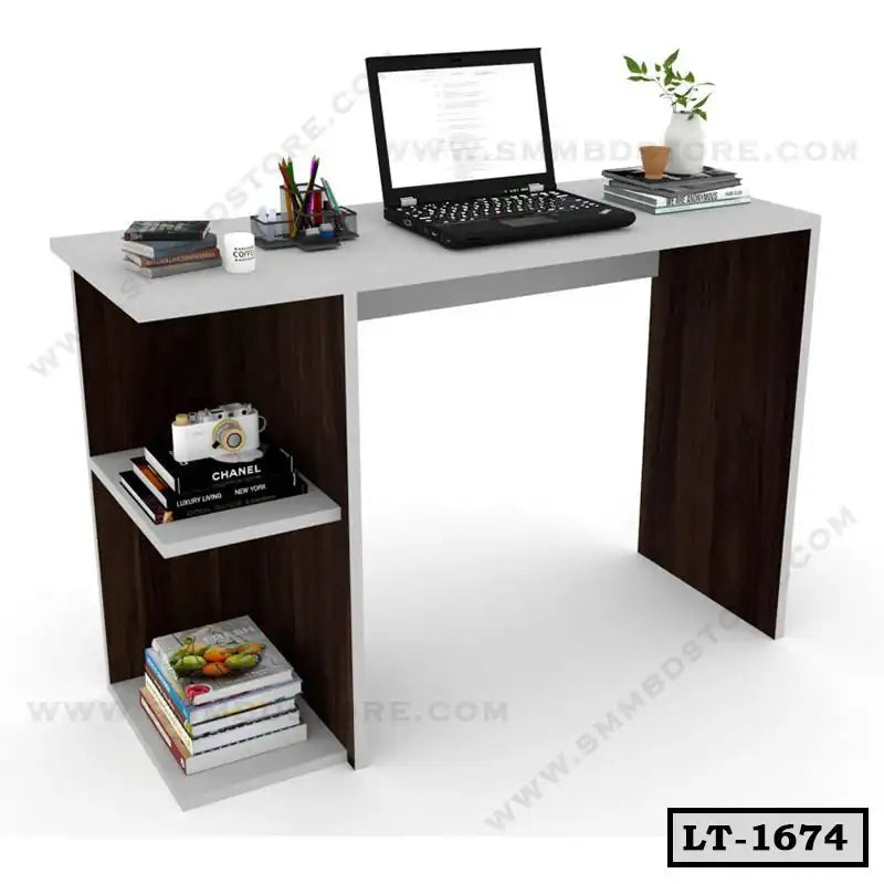 Modern laptop table with storage shelves, books, laptop, and desk accessories, suitable for home office use.