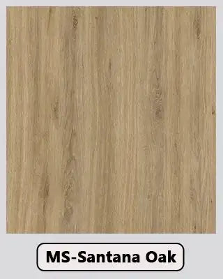 Light brown oak wood texture sample labeled MS-Santana Oak, ideal for furniture surfaces.