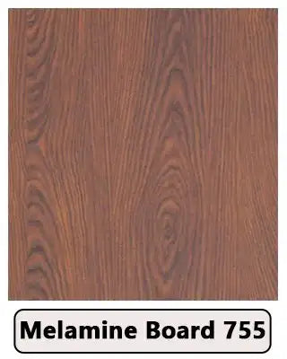 Brown melamine board with wood grain texture, labeled Melamine Board 755 for furniture use