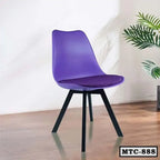 Modern purple metal tulip chair with cushion and black legs in a minimalist room