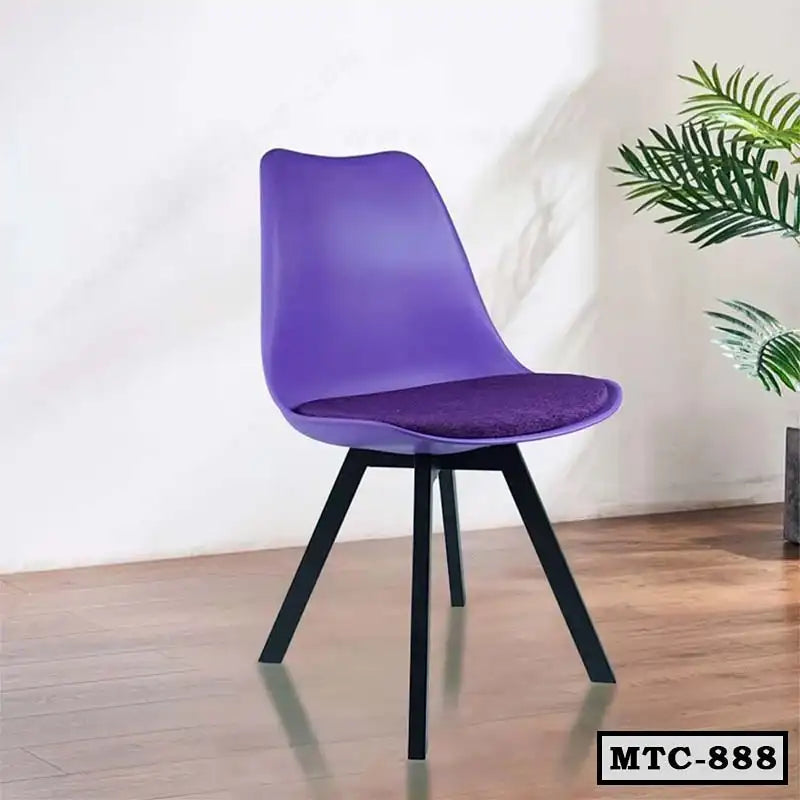 Modern purple metal tulip chair with cushion and black legs in a minimalist room