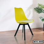 Modern yellow metal tulip chair with black legs in a bright room, code MTC-888