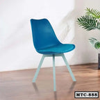 Modern blue metal tulip chair with cushioned seat on wooden floor, indoor setting