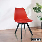 Modern red metal tulip chair with black legs on wooden floor, indoor setting, MTC-888 model