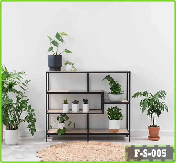 Modern 5-shelf plant stand with potted indoor plants against a white wall Main image