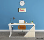 Modern office desk with lamp, laptop, books, brown chair, and blue wall background