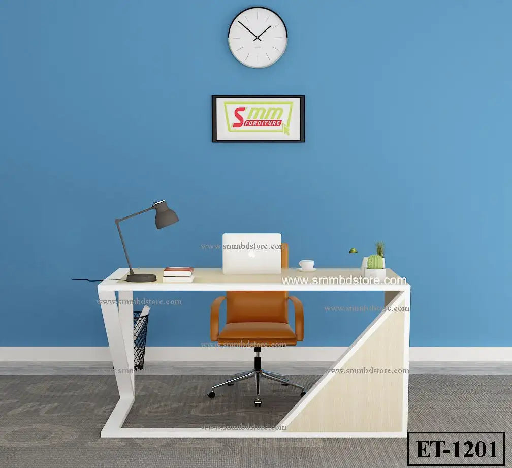 Modern office desk with lamp, laptop, books, brown chair, and blue wall background