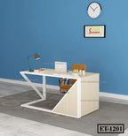 Modern office desk with metal frame, laptop, lamp, chair, and decor against blue wall