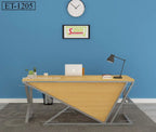 Modern wooden office desk with metal frame, laptop, lamp, and decor against blue wall