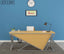 Modern wooden office desk with metal frame, laptop, lamp, and decor against blue wall