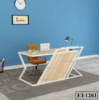 Modern office desk with wood and white metal frame, ergonomic chair and laptop in minimalist room