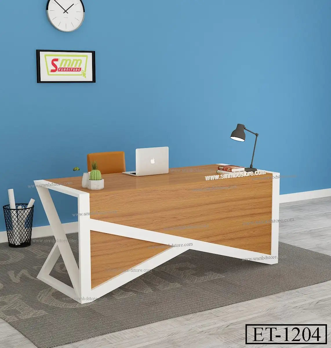 Modern wooden office desk with white metal frame, lamp, laptop, and decor in a blue room Main image