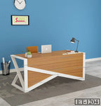 Modern wooden office desk with white metal frame, lamp, laptop, and decor in a blue room