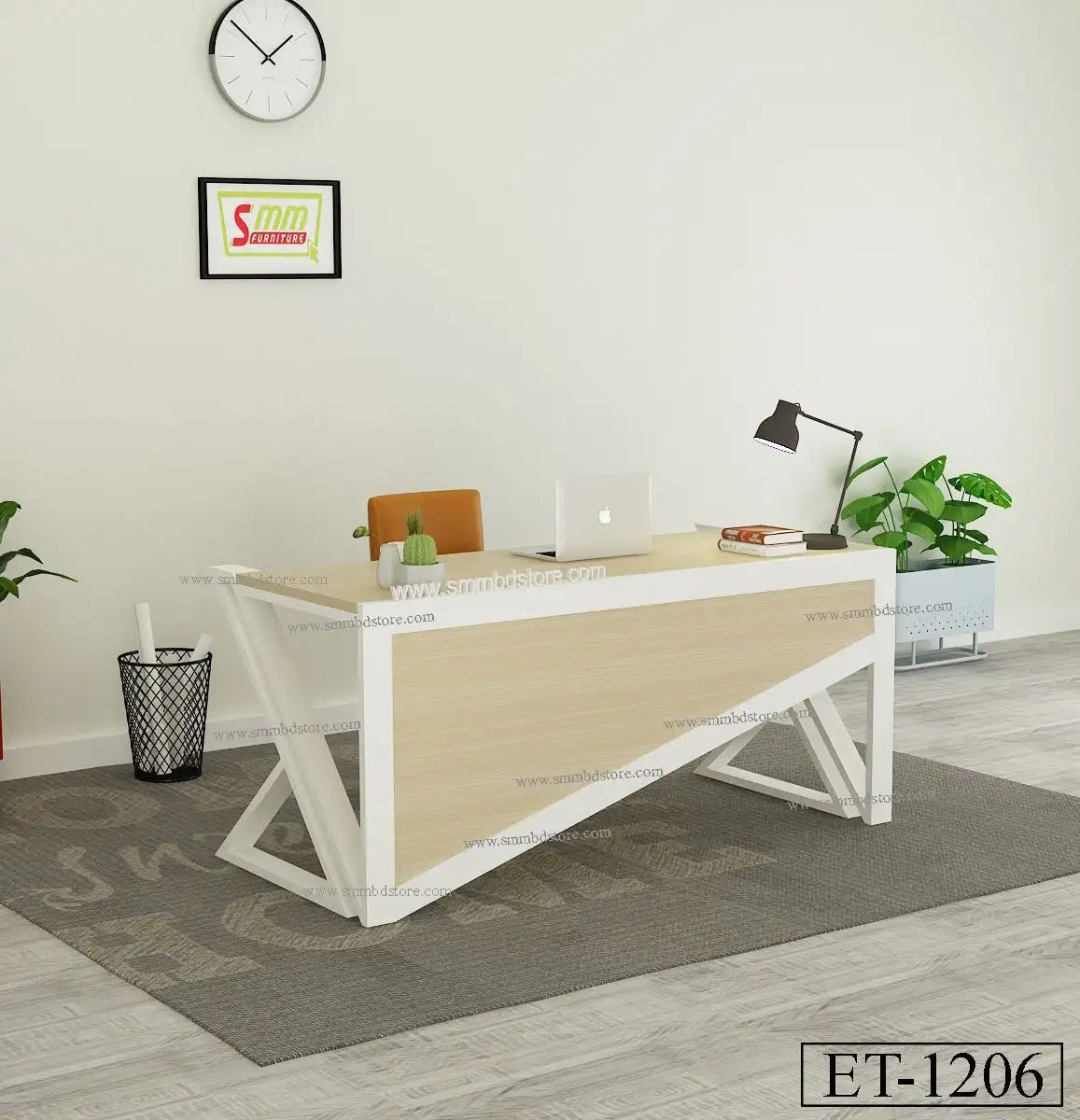Modern office desk with light wood finish, laptop, lamp, chair and indoor plants in workspace Main image