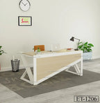 Modern office desk with light wood finish, laptop, lamp, chair and indoor plants in workspace