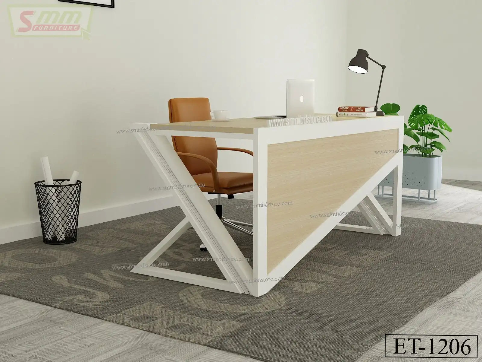 Modern office desk with light wood and white frame, brown chair, laptop, lamp, and potted plant