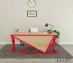 Modern office desk with red metal frame, light wood top, and workspace accessories in a minimalist room.