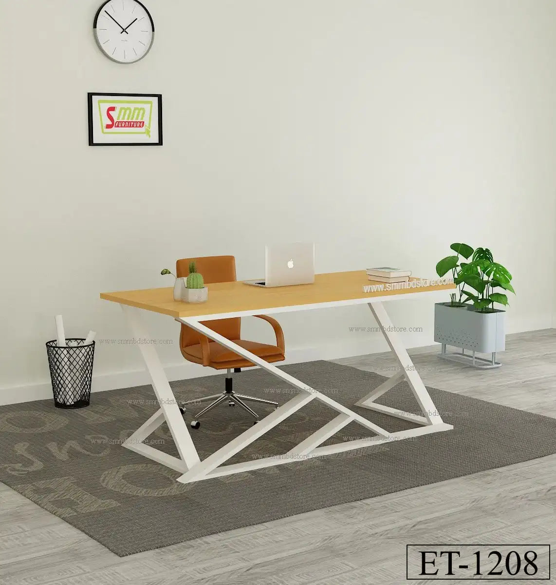 Modern office desk with metal frame, brown chair, laptop, plants, and minimal decor Main image