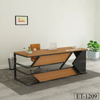 Modern executive office desk with black metal frame, wood surface, and brown chair