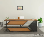 Modern wooden office desk with metal frame, laptop, indoor plants, and minimalist decor