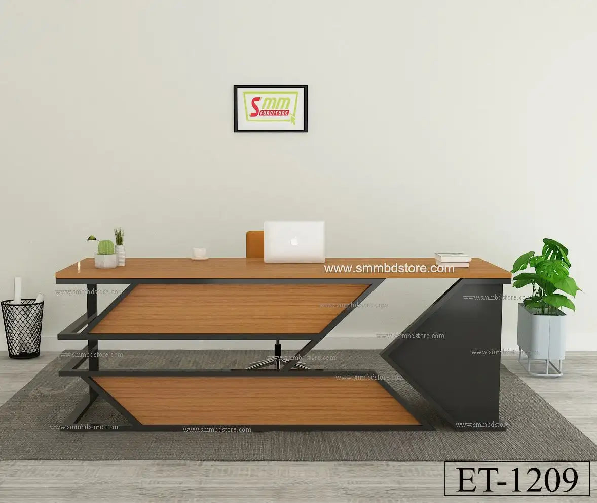 Modern wooden office desk with metal frame, laptop, indoor plants, and minimalist decor