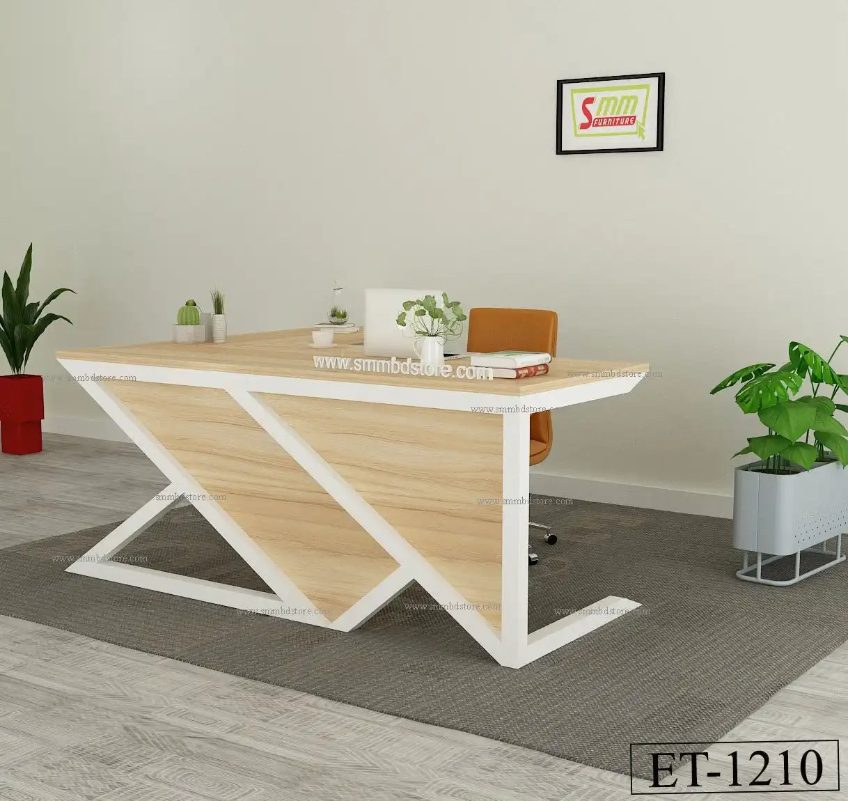Modern office desk with wood and white metal frame in a minimalist workspace, green plants nearby