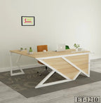 Modern wooden office desk with white metal frame, brown chair, and laptop in minimal workspace
