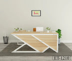 Modern wooden office desk with geometric white frame, laptop, plants, and minimalist decor