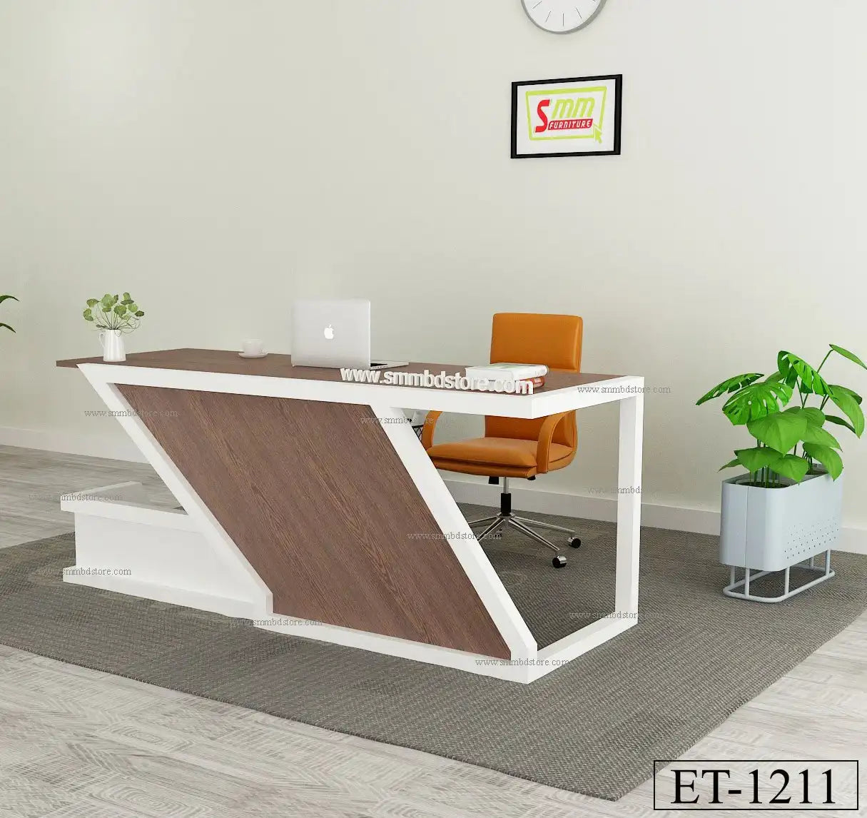 Modern office desk with wood and white accents, orange chair, laptop, indoor plant, ET-1211 model.