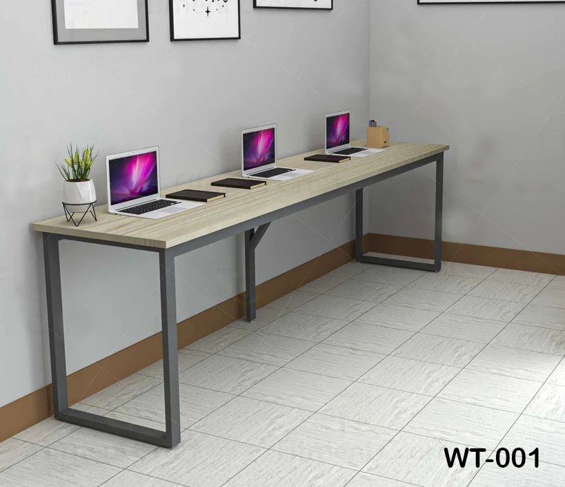 Modern office desk with metal frame, four laptops, notebooks, and minimalist decor in a workspace. Main image