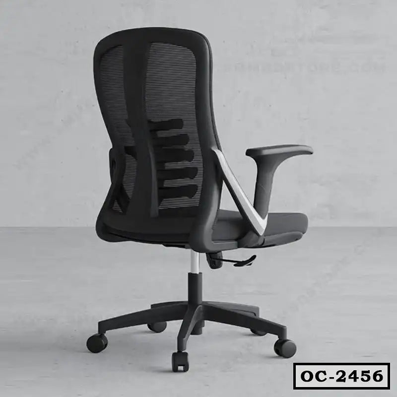 Modern ergonomic office chair with mesh back, adjustable armrests, and swivel base on wheels