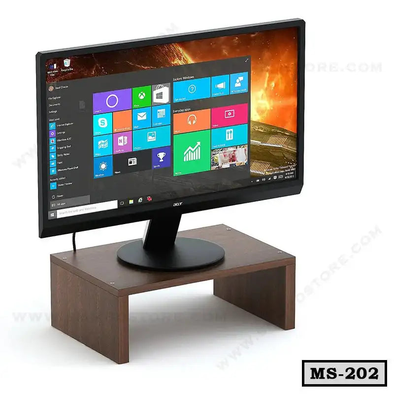 Wooden monitor stand holding a computer monitor, ideal for office desk organization.