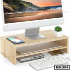 Wooden monitor stand with desktop computer, smartphone, potted plant, and keyboard on desk