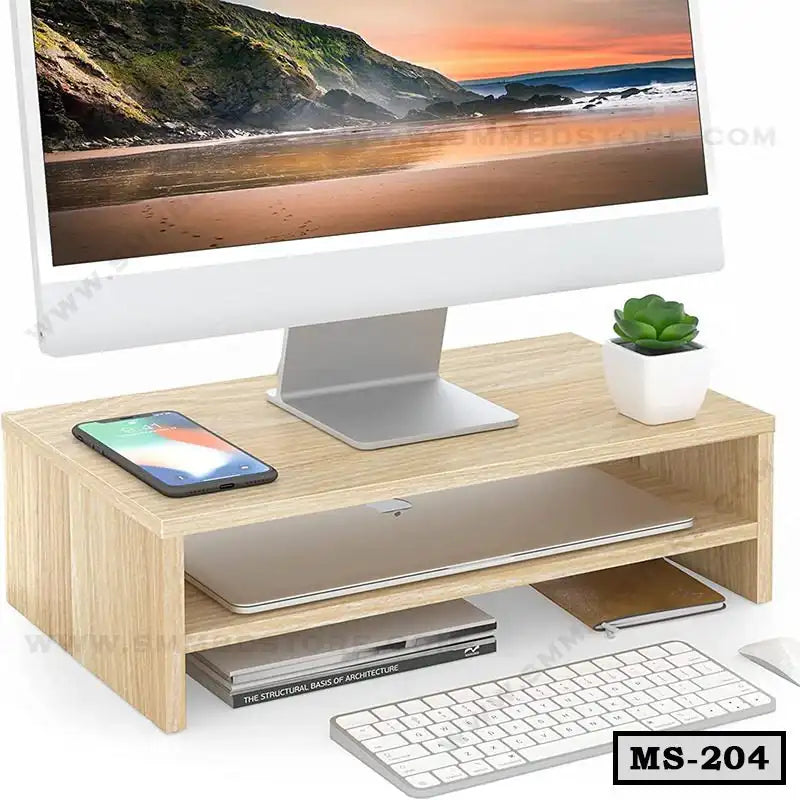 Wooden monitor stand with desktop computer, smartphone, potted plant, and keyboard on desk