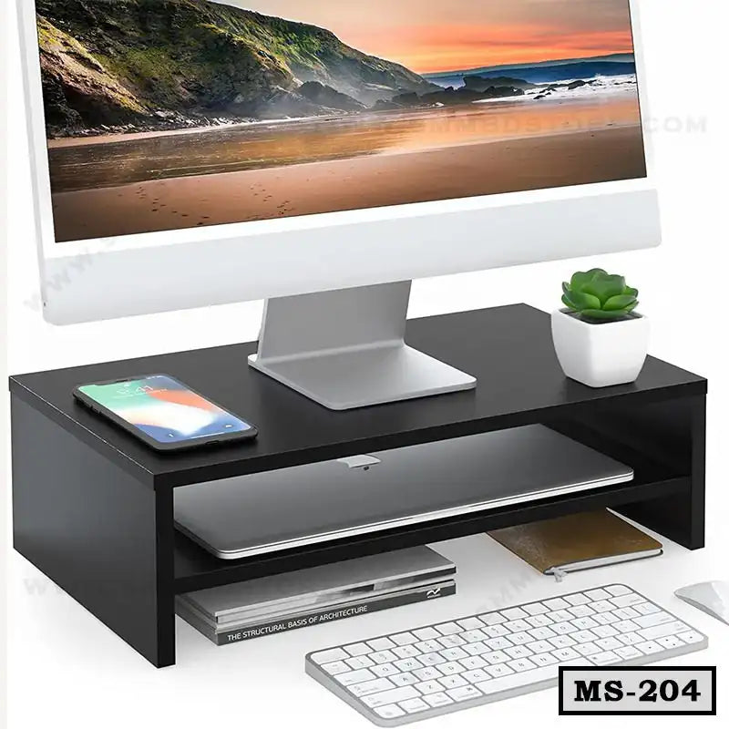 Black wooden monitor stand with storage holding a computer, phone, and potted plant