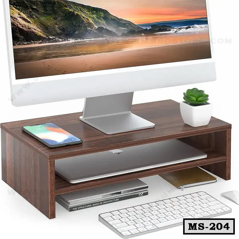 Wooden monitor stand holding desktop screen, phone, plant, and keyboard organizer