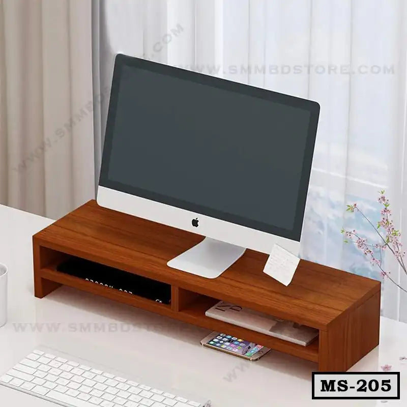 Wooden monitor stand with storage slots on a desk, holding a computer and accessories Main image